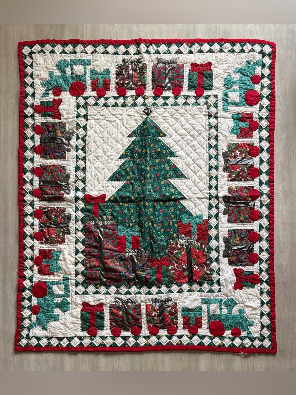 Antique Quilted Christmas Tree Gifts & Train Patchwork Quilt Handmade
